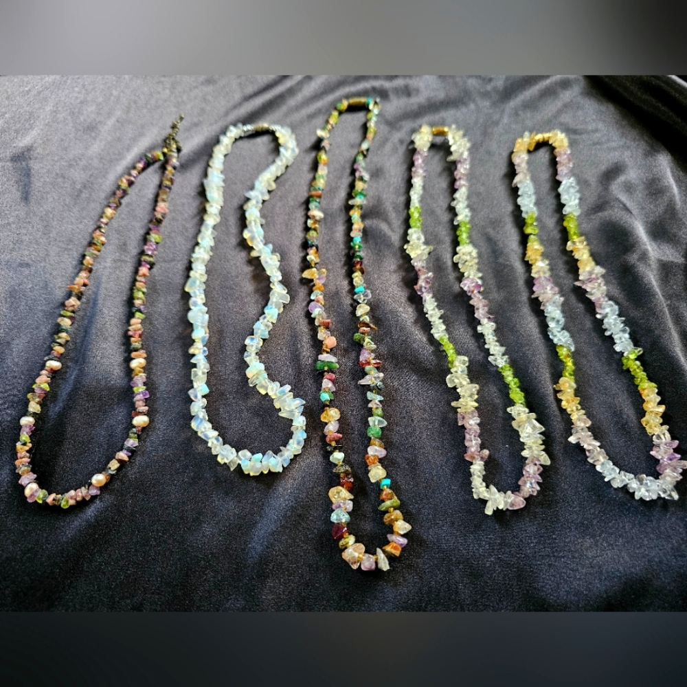 Set Of 5 Semi-precious Beaded Polished Gemstone Necklaces